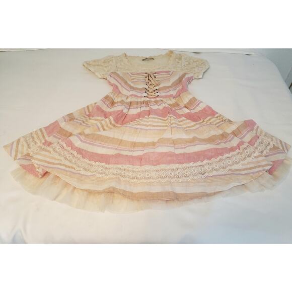 OLIVEdes OLIVE Dress sz Small Pink Beige Striped Lace Corset Top Flared Lined - Picture 8 of 16